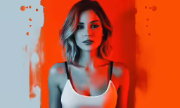 a woman is wearing a white and black top with red spots