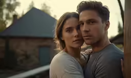 a man and woman posing in front of a building