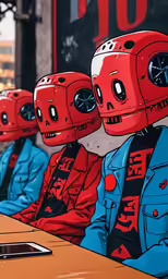 four men in red helmets sitting at a long table