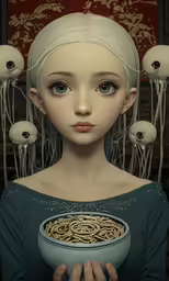 an animated portrait is shown as a woman holds a bowl of noodles in her hands