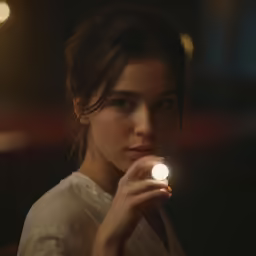 a young woman is looking into a flashlight
