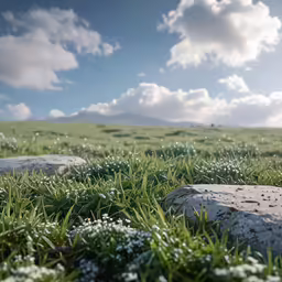 a view of a rocky outcropping in the grass