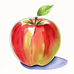 an apple drawn on a white background in watercolor,a watercolor painting of an apple with the stem cut in half