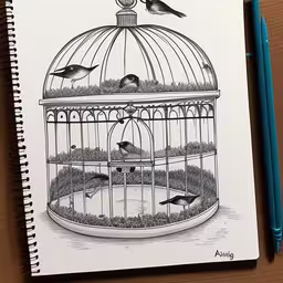 a drawing of two birds in a birdcage,notebooks with birds in a cage with pen and pencil on a table,a drawing of a bird in a cage,a drawing of birds inside a birdcage,pen and ink drawing of birds in a cage