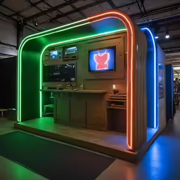 a television show with neon lights and an interesting booth