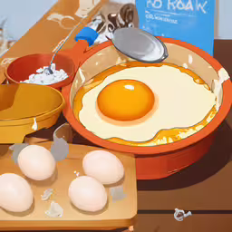 an image of a breakfast plate set out,a table topped with bowls of food and a pan filled with eggs