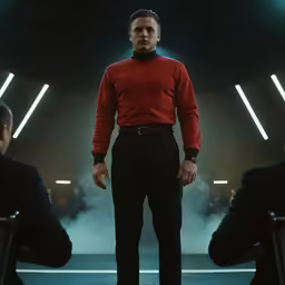 a man wearing red clothes in front of a group of people