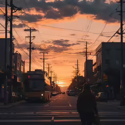 a bus at a bus stop with the sun setting