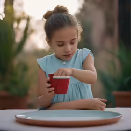 young girl with hair top knoted drinking from a red coffee cup