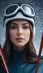 the woman is wearing ski goggles and a blue jacket