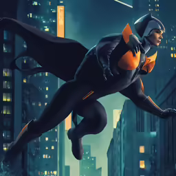a man in a batman costume is flying above the city