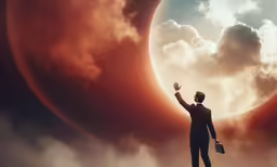 the man is standing at the edge of the eclipse and waving his hands in delight