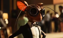 a toy insect with an odd outfit and big lens