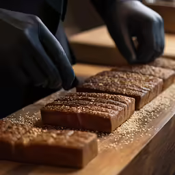 fingers picking out bread slices on a cutting board
