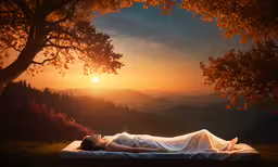 a woman is lying on a bed in the woods,a person laying on the edge of a bed in front of a sunset