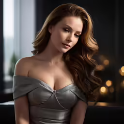 an attractive young woman wearing silver is sitting in a chair