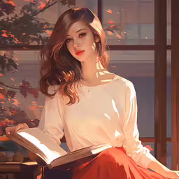 an illustration of a girl sitting down reading a book,a woman wearing a dress and reading a book