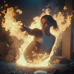 a woman in white shirt and pants with a gun near fire