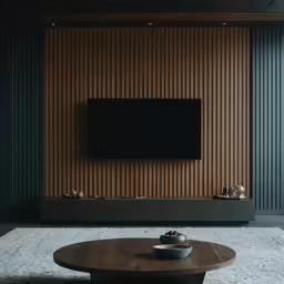 a living room with a television mounted above a large table