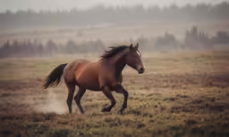 a horse runs through a field in front of some trees