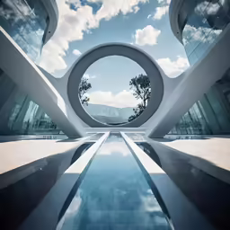 an architectural looking pool features circular sculptures and trees