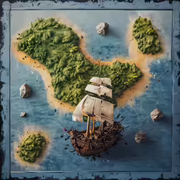 a painting of an island with a ship