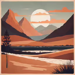 a painting with mountains, grass, and water,a poster of mountains is shown in color