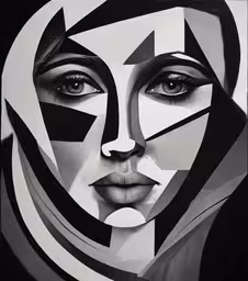 a woman with many different shapes and colors on her face,an art work featuring a woman