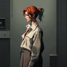 an anime girl in a gray shirt and brown pants