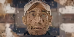 this is a face painting of a man in baseball cap and the man behind him is holding a black object