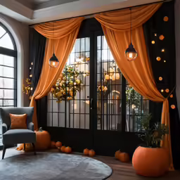 a living room with a big window and some pumpkins on the floor