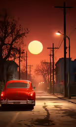 an old car sitting in the middle of a street