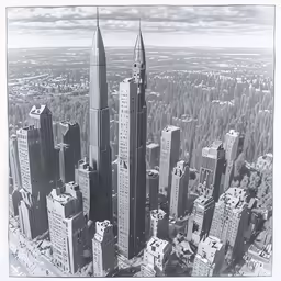 a city with buildings and tall spires