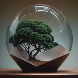 a bonsai tree is growing inside of a glass bowl