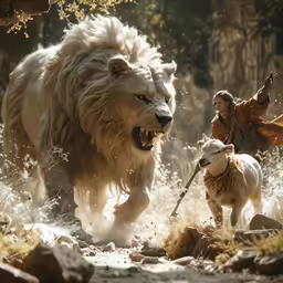 an image of a big lion walking the dog