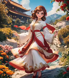 a woman wearing a white dress and a red and gold kimono