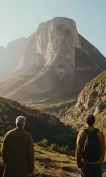 two people standing on a hill overlooking a mountainous area