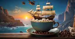 a coffee cup and saucer containing marshmallows with an image of a ship