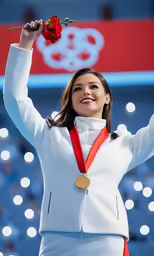 a woman holding a rose standing on top of a field