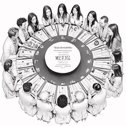 an illustration of several people sitting around a black and white game table