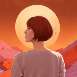 a photo of a woman staring off into the distance in front of a mountain backdrop,the image shows a close up of a woman