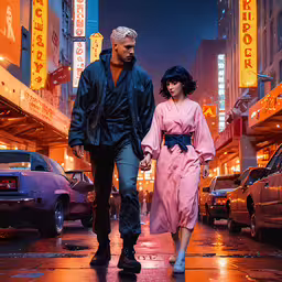 the woman walks down the street while the man stands next to her holding the hand of his lover