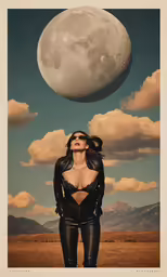 a lady dressed in leather is standing next to a huge moon