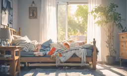 a person is lying down on a small bed