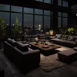 living room filled with couches and a large window overlooking the city lights