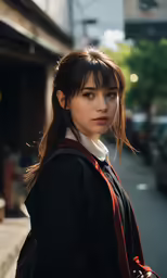 a girl with brown eyes is standing in the street