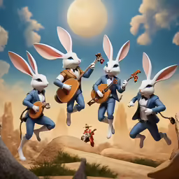 three rabbits playing guitars in the desert
