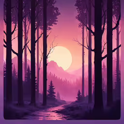 trees and a river in a purple forest,a painting with a landscape of a forest with hills in the background and a creek going through it with a purple, lavender hue