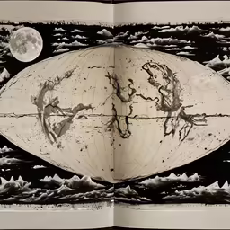 an open book with drawings of the earth