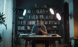 a man is sitting in front of a light